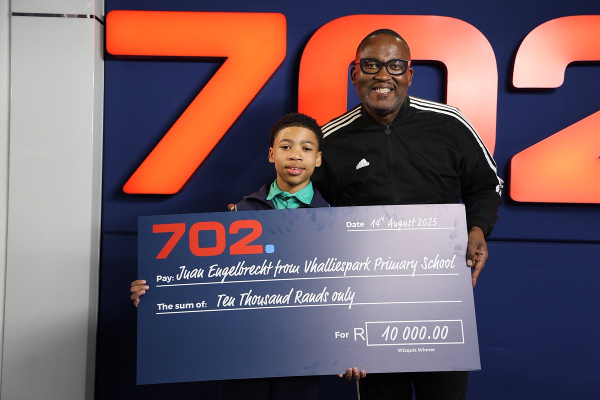 Radio702's tweet photo. Congratulations 🥳 🎊🎉 to Juan Engelbrecht from Vhalliespark Primary School who answered all ten #702WizQuiz questions with @bonglez and walked away with R10 000 in July! 

Visit https://t.co/afJUZGylow to know more about the competition. 

#702Breakfast #702WizQuiz #702WalkTheTalk
