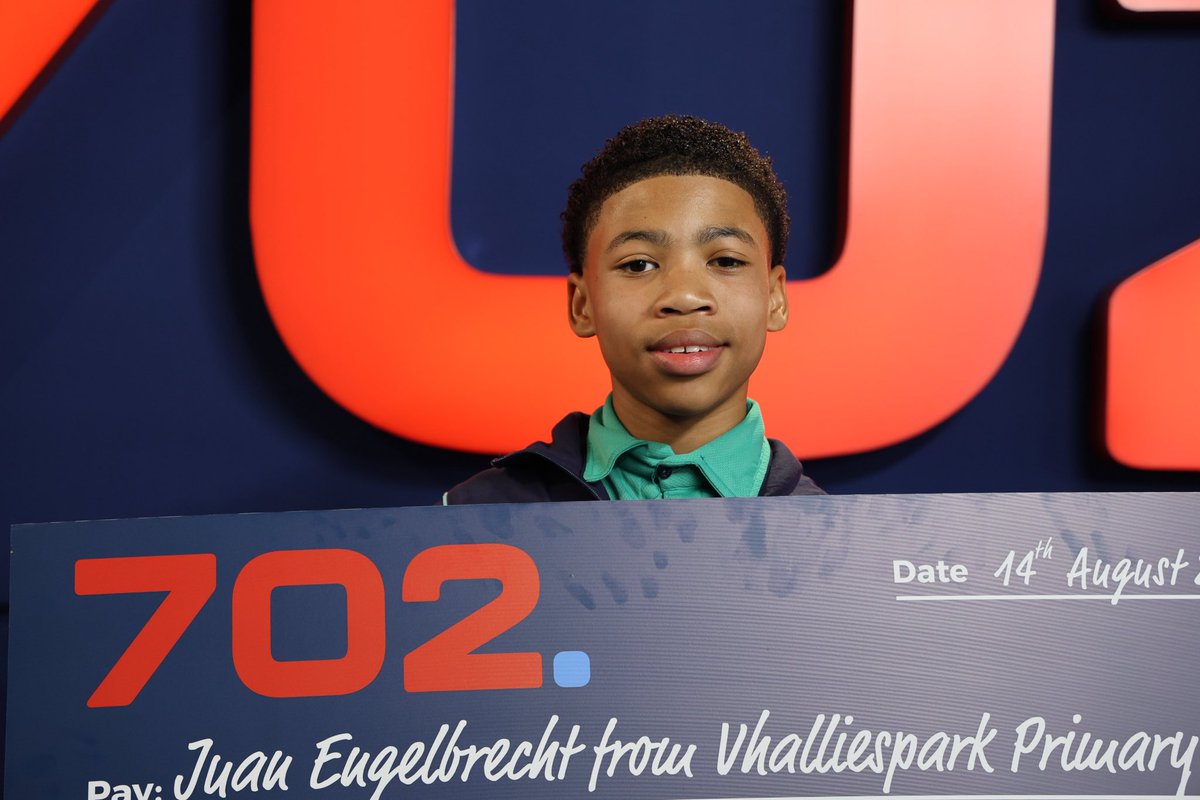 Radio702's tweet photo. Congratulations 🥳 🎊🎉 to Juan Engelbrecht from Vhalliespark Primary School who answered all ten #702WizQuiz questions with @bonglez and walked away with R10 000 in July! 

Visit https://t.co/afJUZGylow to know more about the competition. 

#702Breakfast #702WizQuiz #702WalkTheTalk