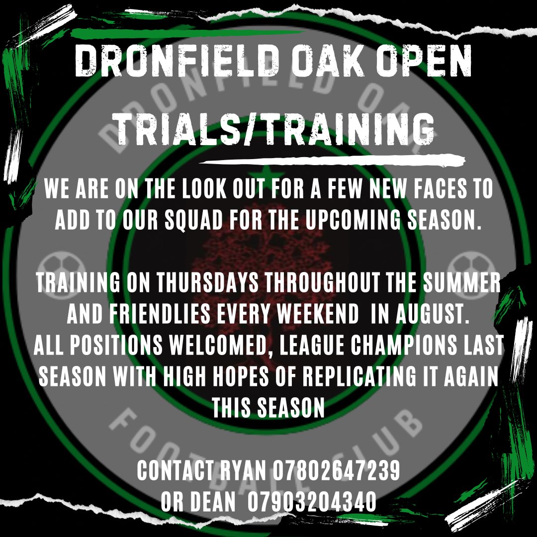 dronfieldoak's tweet photo. Still after a few new faces, league champions last time round with high hopes going back to back.
Play in div 4 of chesterfield Sunday league 
@ChesterfieldSL https://t.co/PUQYjjuLCJ