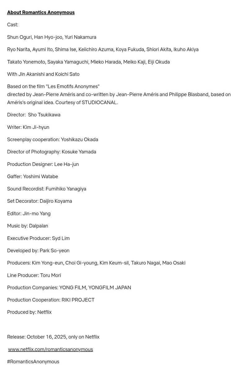 Netflix Series “Romantics Anonymous”

How can a love story blossom between a man afraid of physical contact and a woman who’s terrified of eye contact?

Premieres worldwide on October 16th
Read more here:
🔗 about.netflix.com/en/news/romant…

#HanHyoJoo #한효주 #RomanticsAnonymous