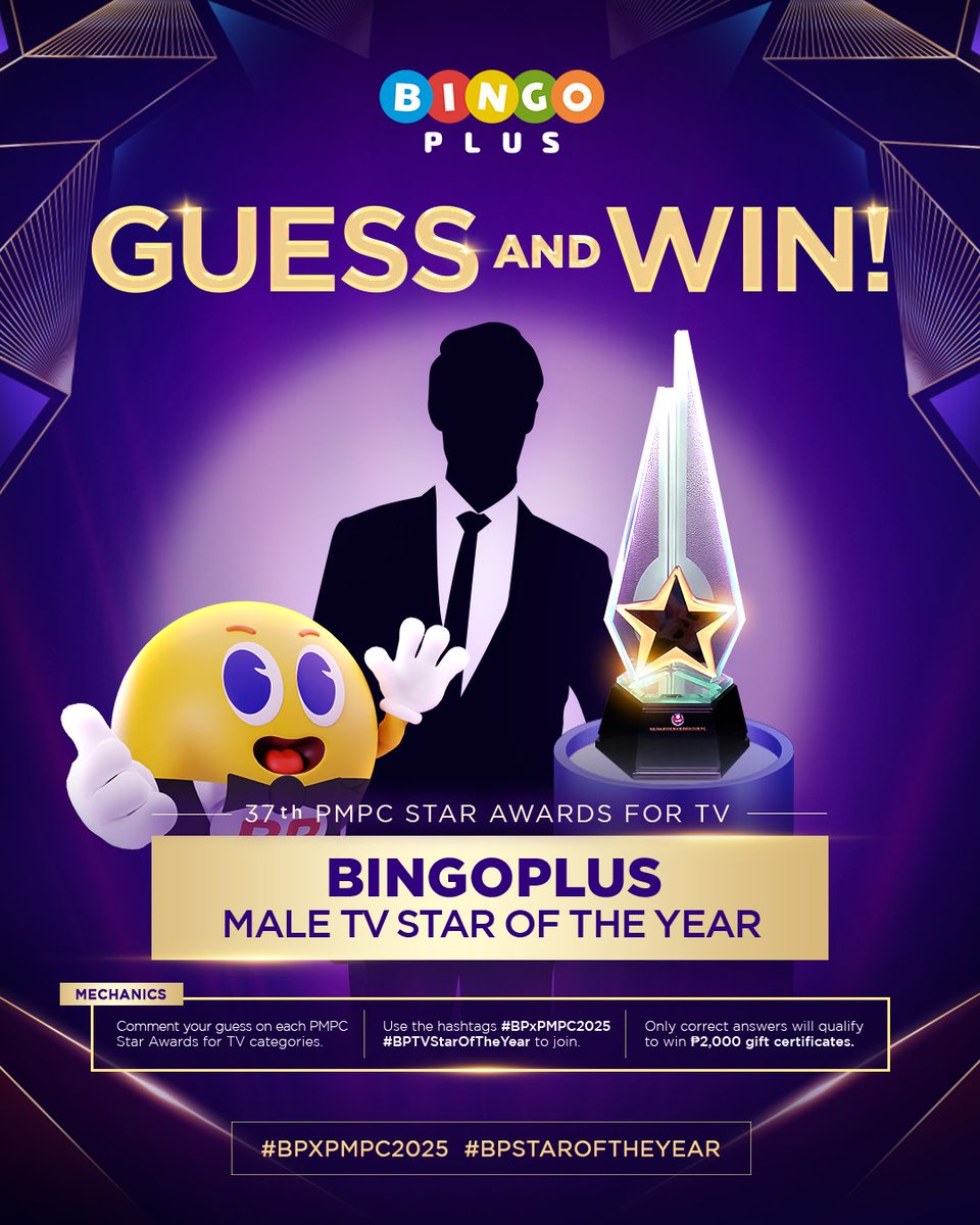 Bingoplusph's tweet photo. HANDA KA NA BANG MANALO? 🤩
Join GUESS THE STAR OF THE YEAR at manalo ng ₱2,000 GIFT CERTIFICATE! ⭐

Mechanics:
1. I-comment ang inyong BingoPlus ID at hula kung sino ang mananalong MALE STAR OF THE YEAR ng 37th PMPC Star Awards for Television.
2. Gamitin ang hashtags: #BPxPMPC2025 #BPStarOfTheYear

Sino sa tingin mo ang STAR? Baka tama ang hula mo!
SHINE BRIGHT, OWN THE NIGHT!
#BPxPMPC2025 #BPStarOfTheYear