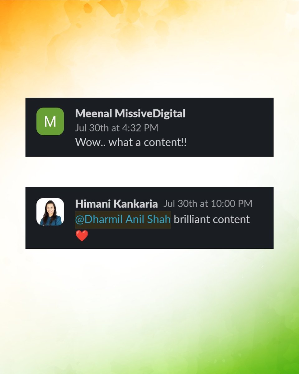 I got these messages from a team member and the founder at the <a href="/missivedigital/">Missive Digital</a>.
It instantly reminded me of what freedom is.
- to think beyond brief
- to experiment without fear
- to test, tweak, and test again
When your workspace gives you that space, "brilliant content" is no