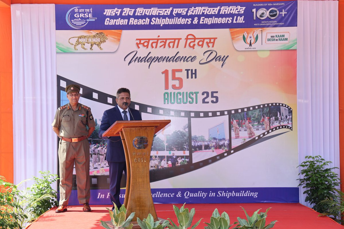 OfficialGRSE's tweet photo. Patriotic fervour prevails as GRSE celebrates 79th Independence Day

Kolkata (August 15, 2025): The spirit of patriotism and love for the country prevailed at Garden Reach Shipbuilders and Engineers (GRSE) Ltd as the shipyard celebrated Independence Day on Friday, August 15, 2025.

Cmde PR Hari IN (Retd.), Chairman and Managing Director, GRSE, hoisted the National Flag before inspecting an impressive guard of honour by the Central Industrial Security Force (CISF). Among the others present were Cdr Shantanu Bose, IN(Retd.), Director (Shipbuilding), GRSE, Capt (IN) P Sunilkumar (Retd.), Director (Corporate Planning & Personnel), GRSE, Shri Abhishek Ranjan, CVO, GRSE, Shri Pushkar Parashar, Senior Commandant, CISF and senior officials from GRSE & CISF.

CMD in his address, appreciated the role of the CISF in ensuring security at the GRSE units. He also highlighted the initiatives of Atmanirbharta and technological advancement. GRSE has made giant strides in both these areas, “Operation Sindoor was a validation of our nation’s Atmanirbharta policy and a clear reminder that overdependence on imports in the defence sector does not pay. No matter how advanced foreign systems may be, there can be no substitute for home-grown technologies in safeguarding our sovereignty,” Cmde Hari said.

He also spoke on how the next few years will witness delivering several warships by the shipyard. He highlighted efforts by GRSE to build more commercial vessels and extend its already proven expertise in green technology to larger platforms.

“With 40 vessels - including 14 warships for the Indian Navy, 9 export vessels & 17 domestic commercial vessels- under construction, every corner of our yards is

humming with activity. From advanced naval platforms to zero-emission and hybrid-propulsion vessels, GRSE is committed to delivering excellence and expanding its footprint in both defence and commercial shipbuilding,” Cmde Hari added