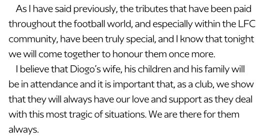 Arne Slot confirms Diogo’s family will be at Anfield tonight in his programme notes ❤️