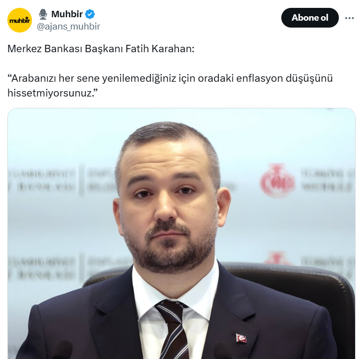 Demek ki arabasını her yıl yenileyeneler enflasyondaki düşüşü hissediyor!
Ben yenileyemediğim için, hissetmeyenler arasındayım!
"Koyun can derdinde, Kasap et derdinde..."
Türk atasözü