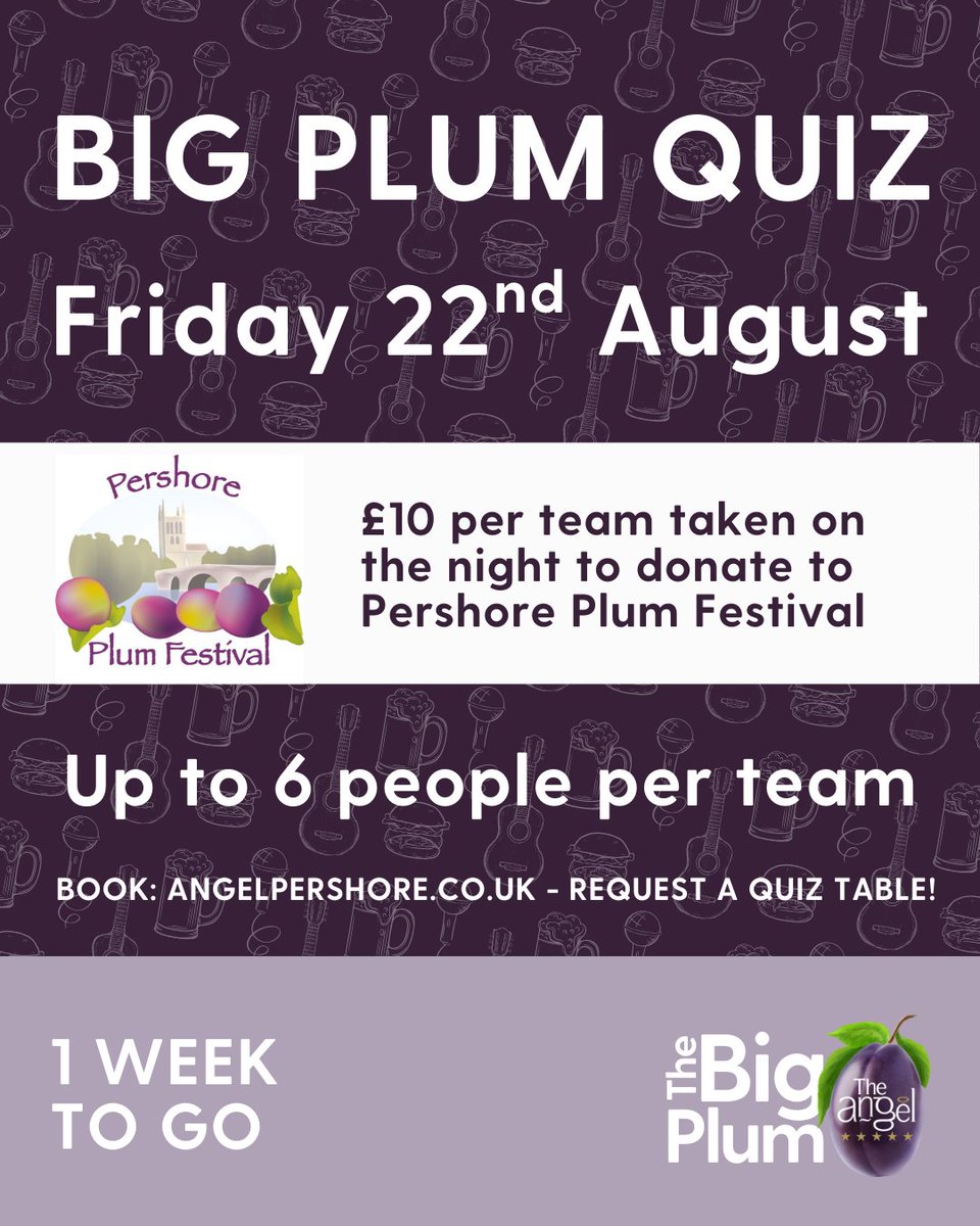 Big Plum Weekend kicks off at The Angel with our annual Big Plum Quiz 💜

Starts at 7:30pm in our courtyard

Sign up: Use the Requests box to request a quiz table angelpershore.co.uk/eat/book-a-tab…

#pershore #pershoreplumfestival #quiznight