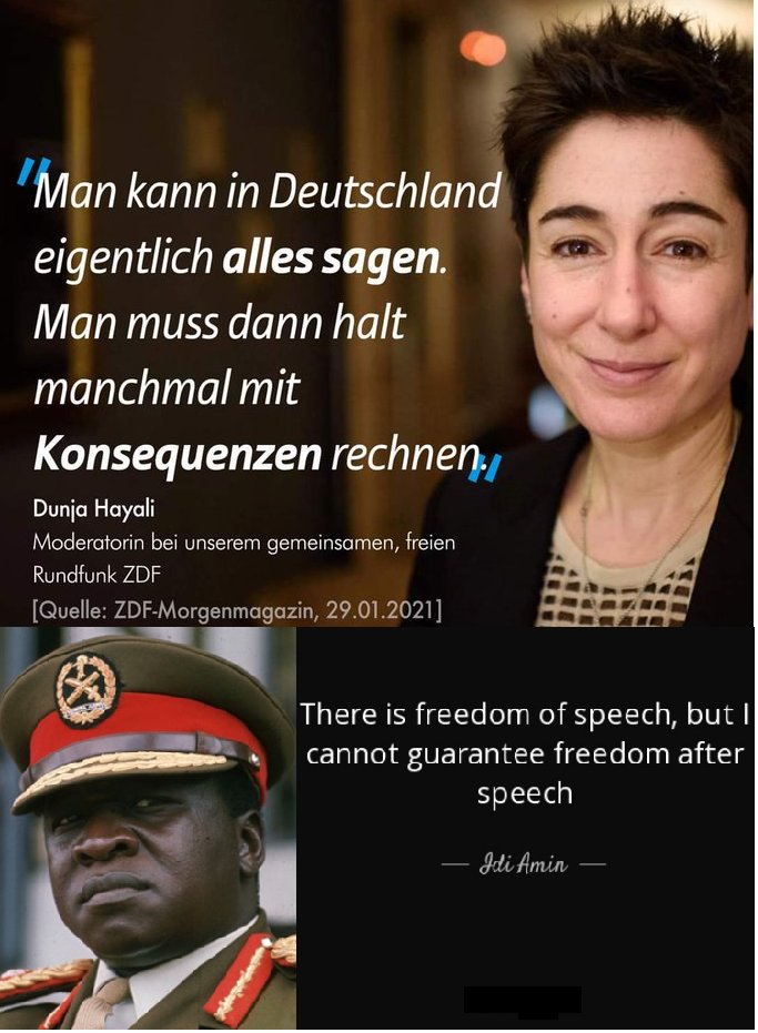 SHomburg's tweet image. Im Grunde sind doch alle bis hin zu @dunjahayali einig: Wer die „falsche Meinung” hat, riskiert Gefängnis, Hausdurchsuchung, Entlassung, Suspendierung, Diffamierung, Kontokündigung, Farbanschläge, Hammerangriffe usw.