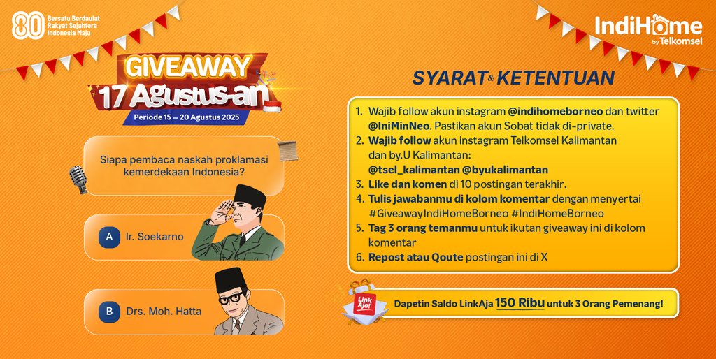 🎉GIVEAWAY TIME🎉

Siapa yg sudah siap upacara 17 Agustus? ☝️ sebelum itu, yuk jawab ini dulu‼️

Tebak &amp; dapetin kesempatan raih hadiah Saldo LinkAja total ✨Rp150.000✨ buat 3 orang beruntung🥰

Cek persyaratannya, ya!

#Giveaway #IndiHome4u #Tsel4u #PamasukaBergerakBerdampak