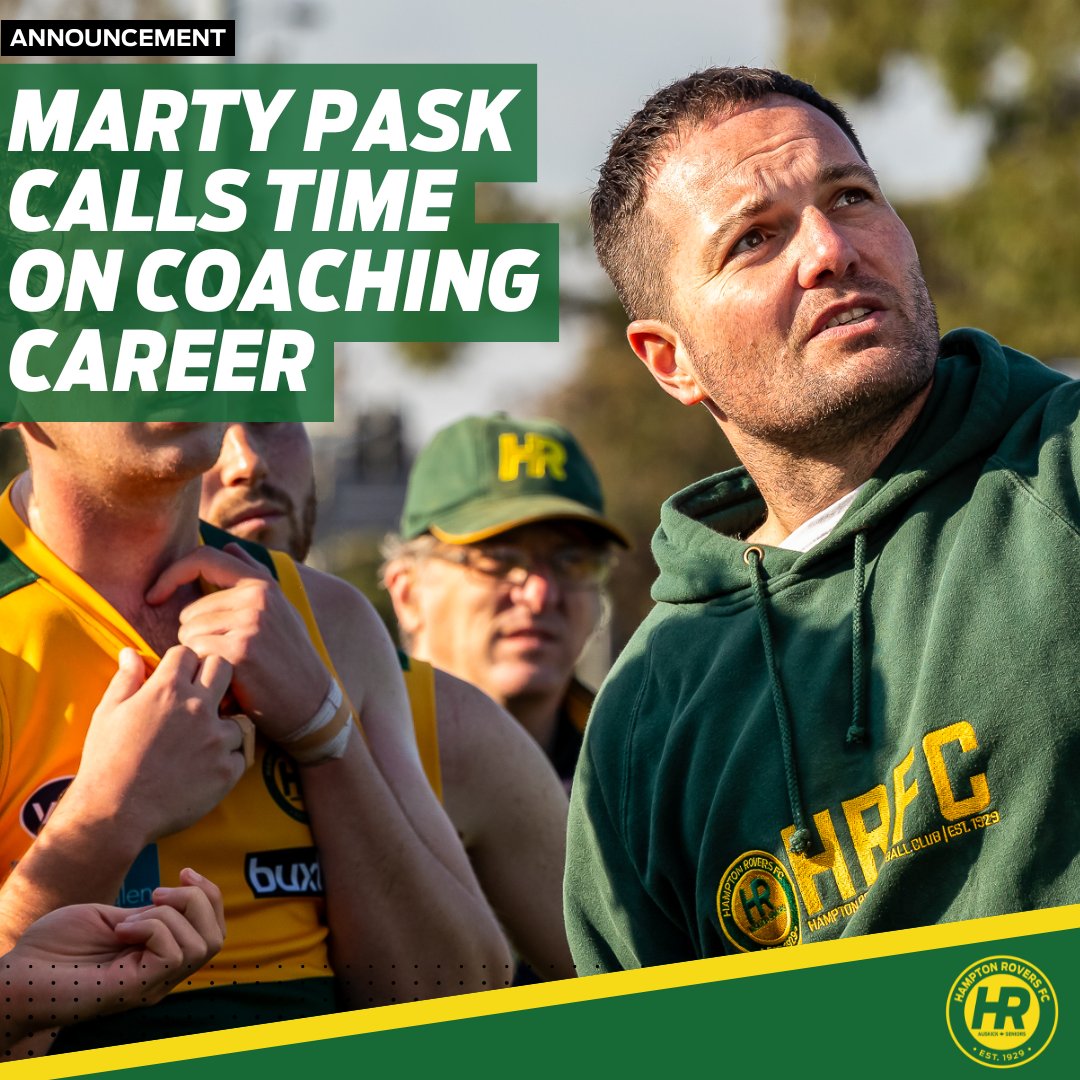 Hampton Rovers senior coach Marty Pask will step down at the end of the 2025 season after two years in charge and 14 years in coaching. Marty will lead the side for the final three games, starting with Saturday’s clash against Old Melburnians at Elsternwick Park.