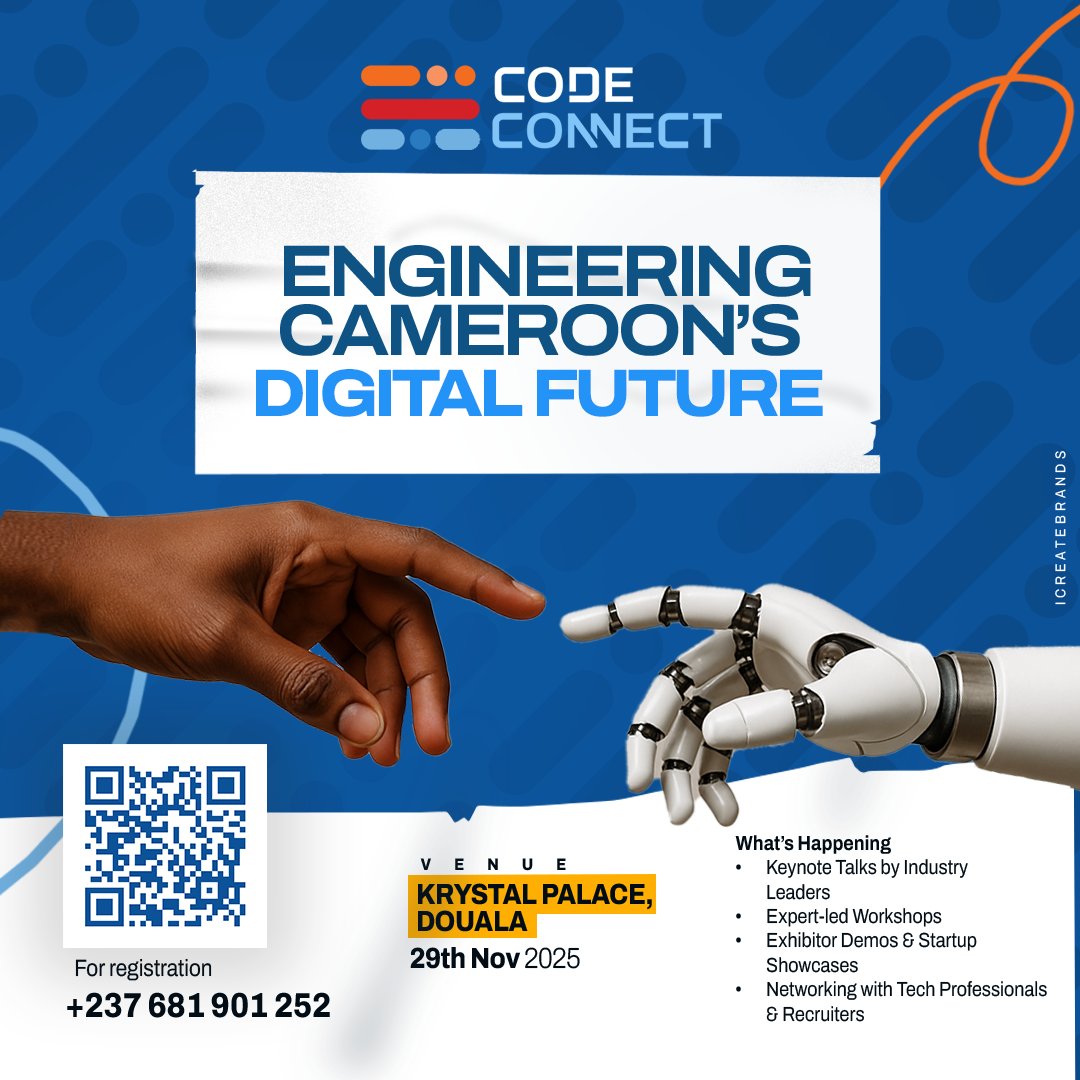 NkwentiDeshnic's tweet photo. Level up your skills. Expand your network. Define your future.
Join us at #CodeConnect2025 for a full day of keynotes, workshops & game-changing networking. This is CodeConnect, it's a movement.
🗓️ Nov 29, 2025 📍 Krystal Palace, Douala #developer #techjobs #CodingHQ https://t.co/y8QFTPicqv