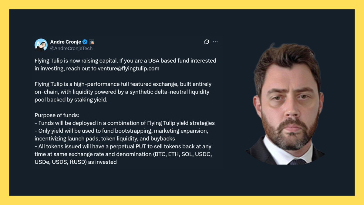 Nimesh (@nimesh100x) on Twitter photo 1/
<a href="/AndreCronjeTech/">Andre Cronje</a> announced he is raising capital for Flying Tulip, a fully on-chain DEX (Built on $S/<a href="/SonicLabs/">Sonic Labs</a>) with a synthetic delta-neutral liquidity pool backed by staking yield, + perpetual put.
So many tech terms?
Let’s break down main features of FT.
Thread! 🧵 1/
<a href="/AndreCronjeTech/">Andre Cronje</a> announced he is raising capital for Flying Tulip, a fully on-chain DEX (Built on $S/<a href="/SonicLabs/">Sonic Labs</a>) with a synthetic delta-neutral liquidity pool backed by staking yield, + perpetual put.
So many tech terms?
Let’s break down main features of FT.
Thread! 🧵