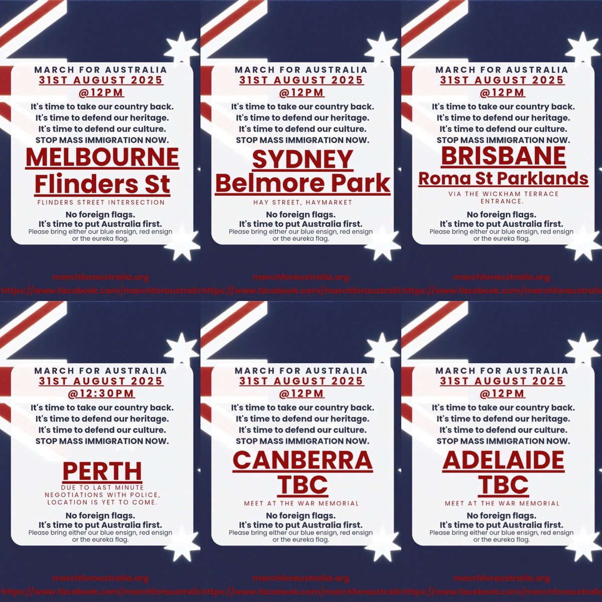 BREAKING: March for Australia Locations

With the main organiser now having police permits in place, it’s official!

Some of the locations for 31 August 2025 rallies:

Sydney - Belmore Park
Melbourne - Flinders St
Brisbane - Roma St Parklands

The rest are still being negotiated!