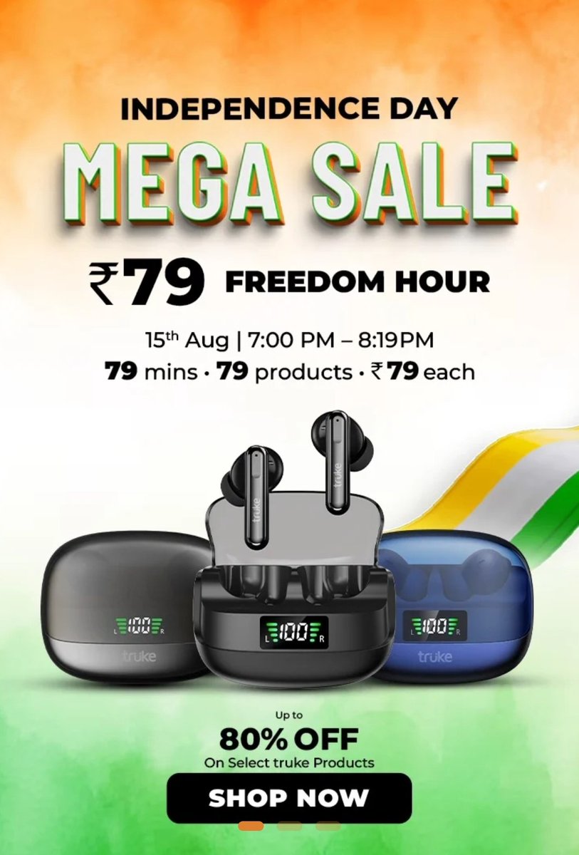 DealBeeOfficial's tweet image. Upcoming Loot | Earbuds at ₹79 Only.

🇮🇳 Truke 15th August Flash Sale : Claim Truke ANC EarBuds at Just ₹79 Only 

truke.in/product/183580…

Sale Live at 7 PM!
