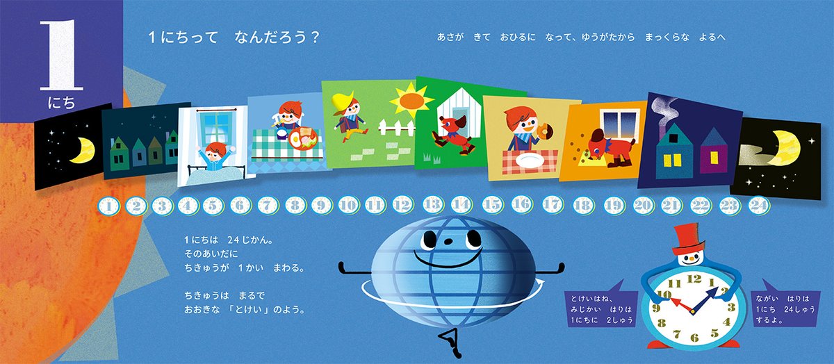 kaiseisha_PR's tweet photo. 9月の新刊その3✨『じかんはともだち』（てづかあけみ　作・絵）

いまは6時。ところで、6時ってなんだろう？

1秒、1分、1時間、1日。時間についている名前のこと、地球上にあるいろいろな時間、生きものによってもちがう時間。
時間について考える絵本⏰
https://t.co/AbwCQzf6y8 https://t.co/wi7BQnxZOO