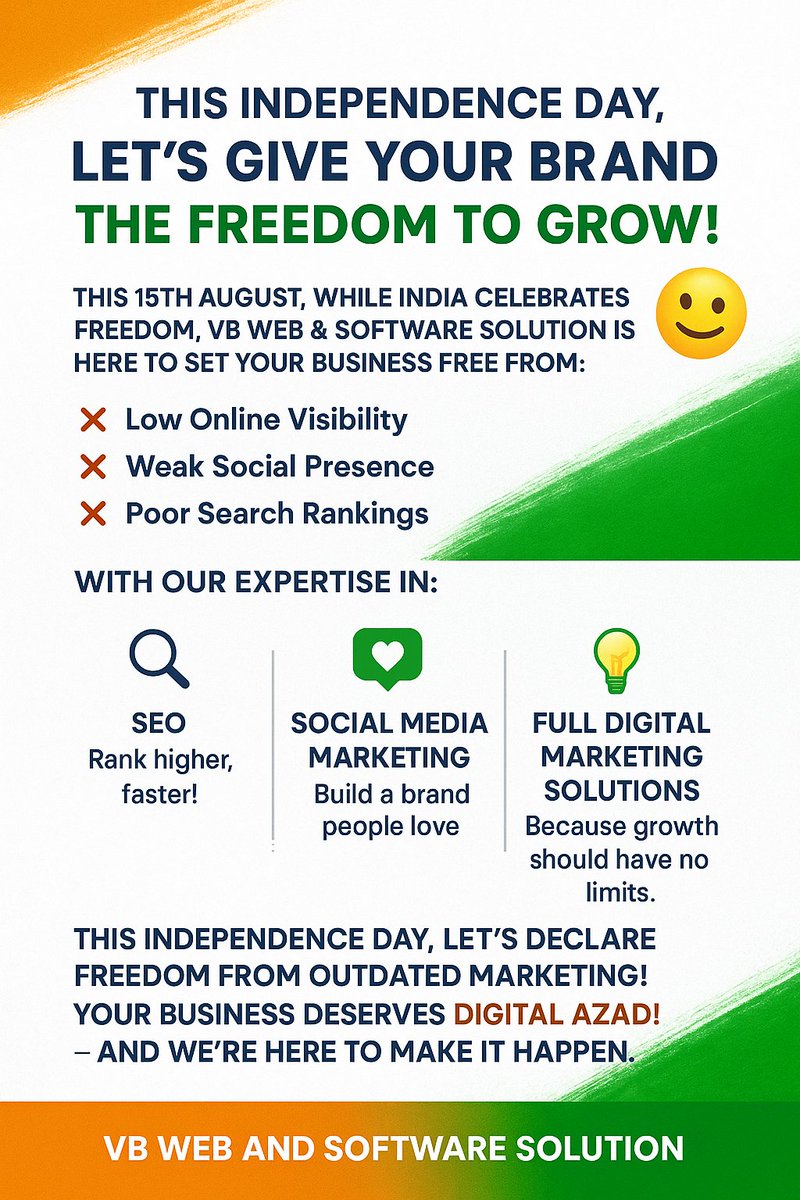 This 15th August, empower your business with the spirit of independence! 🎉
Choose smart SEO &amp; social media marketing from VB WEB AND SOFTWARE SOLUTION 💻
#DigitalMarketing #IndependenceDay #GrowWithVB vb web