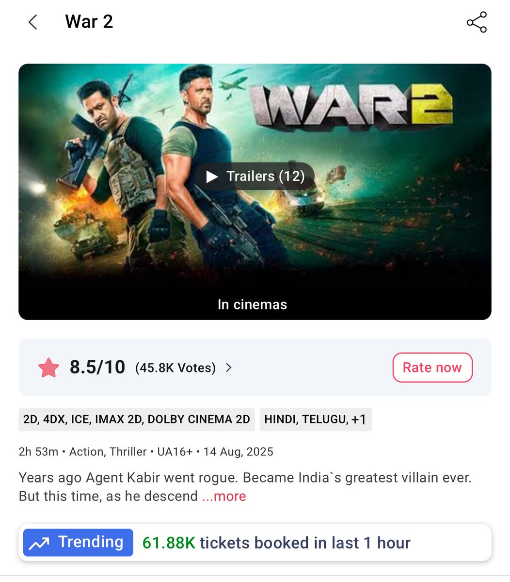 Its_CineHub's tweet photo. EARTH SHATTERING - UNBELIEVABLE 🔥

Peak hour of #Coolie Crossed and #War2 is now witnessing HUGE GROWTH 🎬✅ https://t.co/f6ljSR0GmD