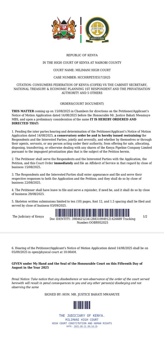 #hotoffthebench
Justice Mwamuye has granted conservatory orders restraining the state from offering for sale the Kenya Pipeline Company pursuant to the Privatization plan.
🫡