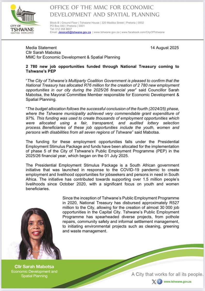 nasiphim's tweet photo. City of Tshwane to provide 2 780 job opportunities as part of Public Employment Programme. @CityTshwane https://t.co/30lM72xWRA