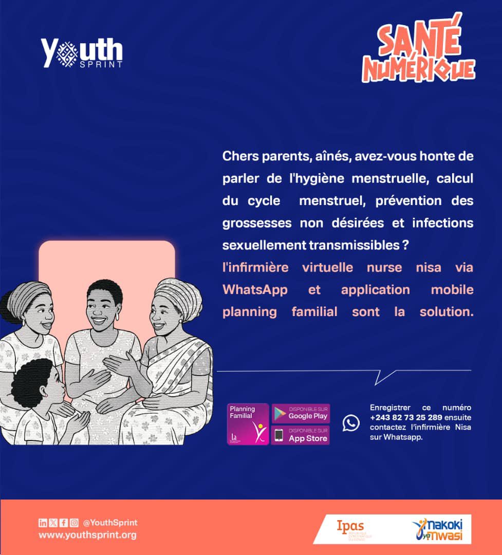 🩸Hygiène menstruelle
📆Calcul du cycle
🚫Grossesses non désirées
Ce ne sont pas des tabous, mais des enjeux de santé.
📱 L’app Hesperian+🤖 Nurse Nisa sur WhatsApp = infos claires, confidentielles et accessibles.
👉 wa.me/243827325289
#SANTENUMERIQUE #CTSNEXUS
<a href="/YouthSprint/">YOUTH SPRINT</a>