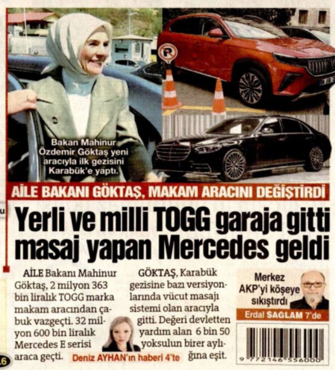 📌 Aile Bakanı Mahinur Göktaş, TOGG makam aracını Mercedes ile değiştirdi.

• Mercedes E serisinde bazı araçlarda masaj özelliği bulunuyor. (Sözcü - Deniz Ayhan)