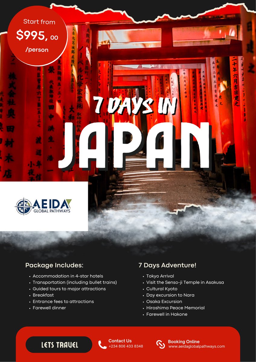 Experience Japan with Ease! 🇯🇵
Apply for your Japan Tourist Visa through Aeida Global Pathways and enjoy complete travel support —
✔ Hotel &amp; Tour Bookings
✔ Local Transportation Arrangements
✔ All Required Visa Documentation
