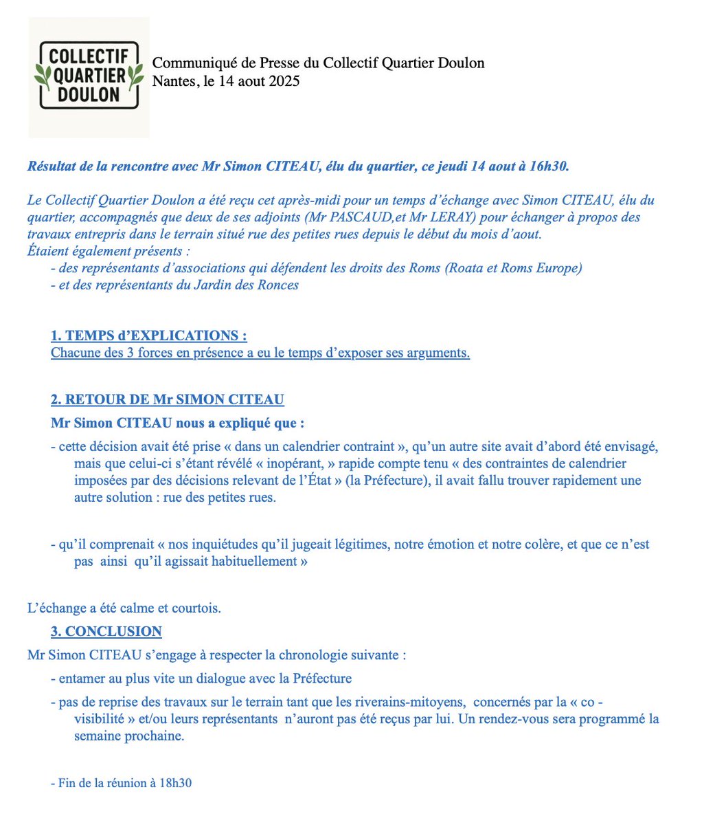 ⚠️ Transfert du camp de Roms en plein quartier résidentiel à Nantes-Doulon ⚠️
➡️ Une première victoire pour le Collectif #Doulon.
Avec <a href="/Foulques44/">Foulques Chombart de Lauwe</a> et <a href="/InfiniNantes/">Infiniment Nantes</a>  j'ai été et je continuerai à être à leur côté et à défendre mon quartier.
#Nantes