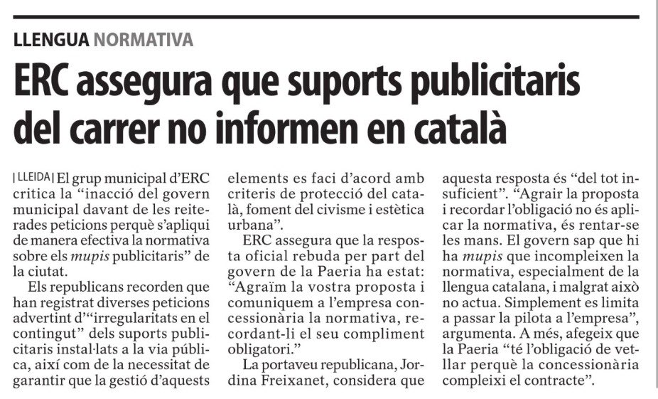 Jordina Freixanet i Pardo | Lleida (@jfreixanet) on Twitter photo 🟡 ERC denuncia la falta d’actuació real del govern municipal en relació als ‘mupis’ publicitaris perquè informin en català
📎 ercpaeria.cat/erc-denuncia-l…
❗️ La Paeria té l’obligació de vetllar perquè l’empresa concessionària compleixi el contracte. Ens alarma la manca de control. 🟡 ERC denuncia la falta d’actuació real del govern municipal en relació als ‘mupis’ publicitaris perquè informin en català
📎 ercpaeria.cat/erc-denuncia-l…
❗️ La Paeria té l’obligació de vetllar perquè l’empresa concessionària compleixi el contracte. Ens alarma la manca de control.
