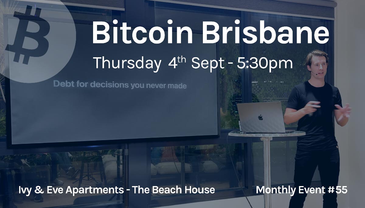 paybtc (@paybtc_au) on Twitter photo Bitcoin Brisbane #55 – Delete Your Fiat Brain
Thu Sept 4, 5:30pm – Ivy & Eve, The Beach House
Main Talk: Delete Your Fiat Brain – <a href="/BenHowardAU/">₿en Howard ⚡</a>
5 years strong. All signal, no noise.
RSVP + Full Schedule: meetup.com/en-AU/bitcoin_… Bitcoin Brisbane #55 – Delete Your Fiat Brain
Thu Sept 4, 5:30pm – Ivy & Eve, The Beach House
Main Talk: Delete Your Fiat Brain – <a href="/BenHowardAU/">₿en Howard ⚡</a>
5 years strong. All signal, no noise.
RSVP + Full Schedule: meetup.com/en-AU/bitcoin_…