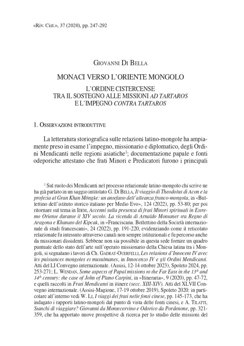 GiovanniDiBell9's tweet photo. G. Di Bella, Monaci verso l’Oriente mongolo. L’Ordine Cistercense tra il sostegno alle missioni ad Tartaros e l’impegno contra Tartaros, «Rivista Cistercense», 37 (2020 [ed. 2025]), pp. 247-291 https://t.co/AxS4hH14X8