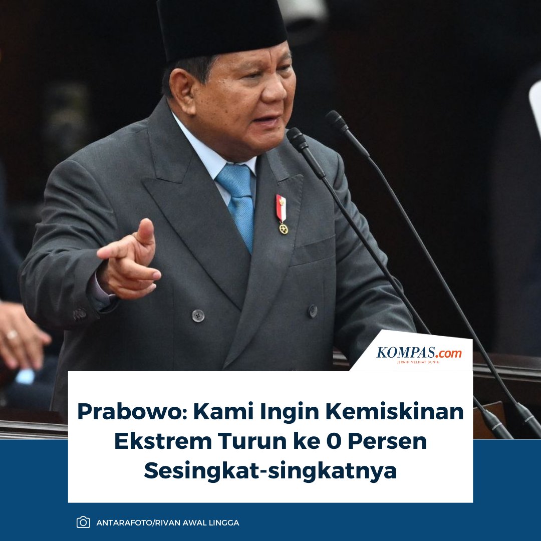 Presiden Prabowo Subianto ingin angka kemiskinan ekstrem turun hingga 0 persen dalam tempo sesingkat-singkatnya. 

Baca di sini: nasional.kompas.com/read/2025/08/1…

/ #Prabowo #Kemiskinan