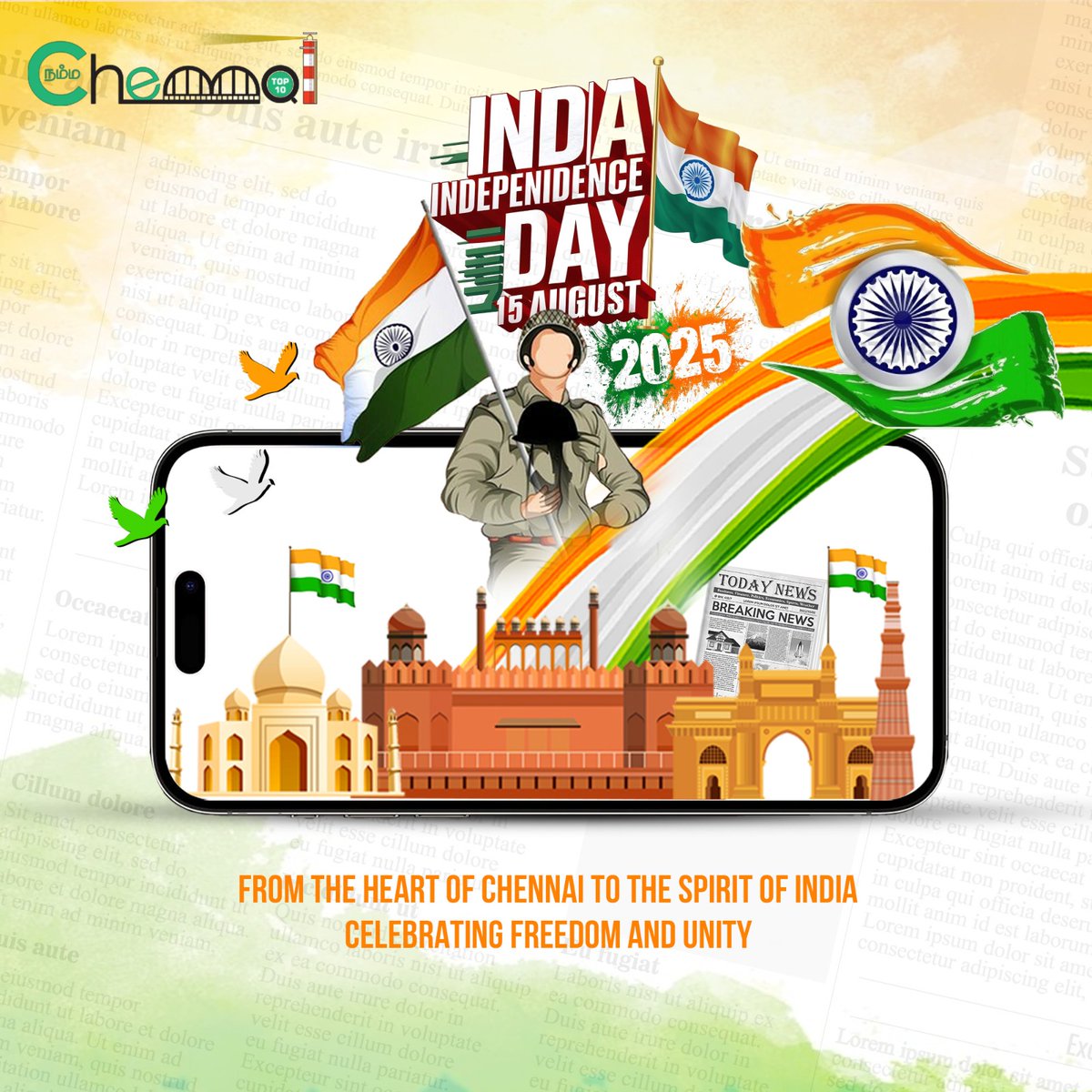 chennaitops10's tweet photo. Chennai Top 10 proudly extends heartfelt Independence Day wishes to Indians across the globe. May the tricolor inspire, unity strengthen, and freedom guide us toward a brighter tomorrow. 🇮🇳

#chennaitop10 #IndependenceDay2025 #HappyIndependenceDay #JaiHind #vandematram https://t.co/Cihe5TGZnx