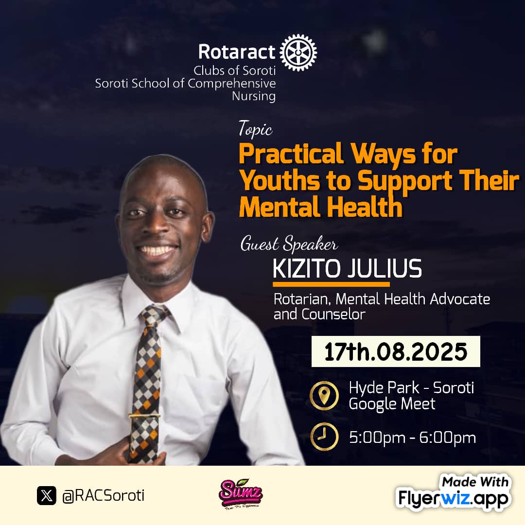 RACSoroti's tweet photo. "Self-care is how you take your power back." - Lalah Delia.
This Sunday, Hybrid, we talk #MentalHealth with @JuliusKizito10, join us at Hyde Park physically and GoogleMeet @EllyOwere @hocen93 @RotaractKibuli @rctnansana https://t.co/1QCMjmFMRh