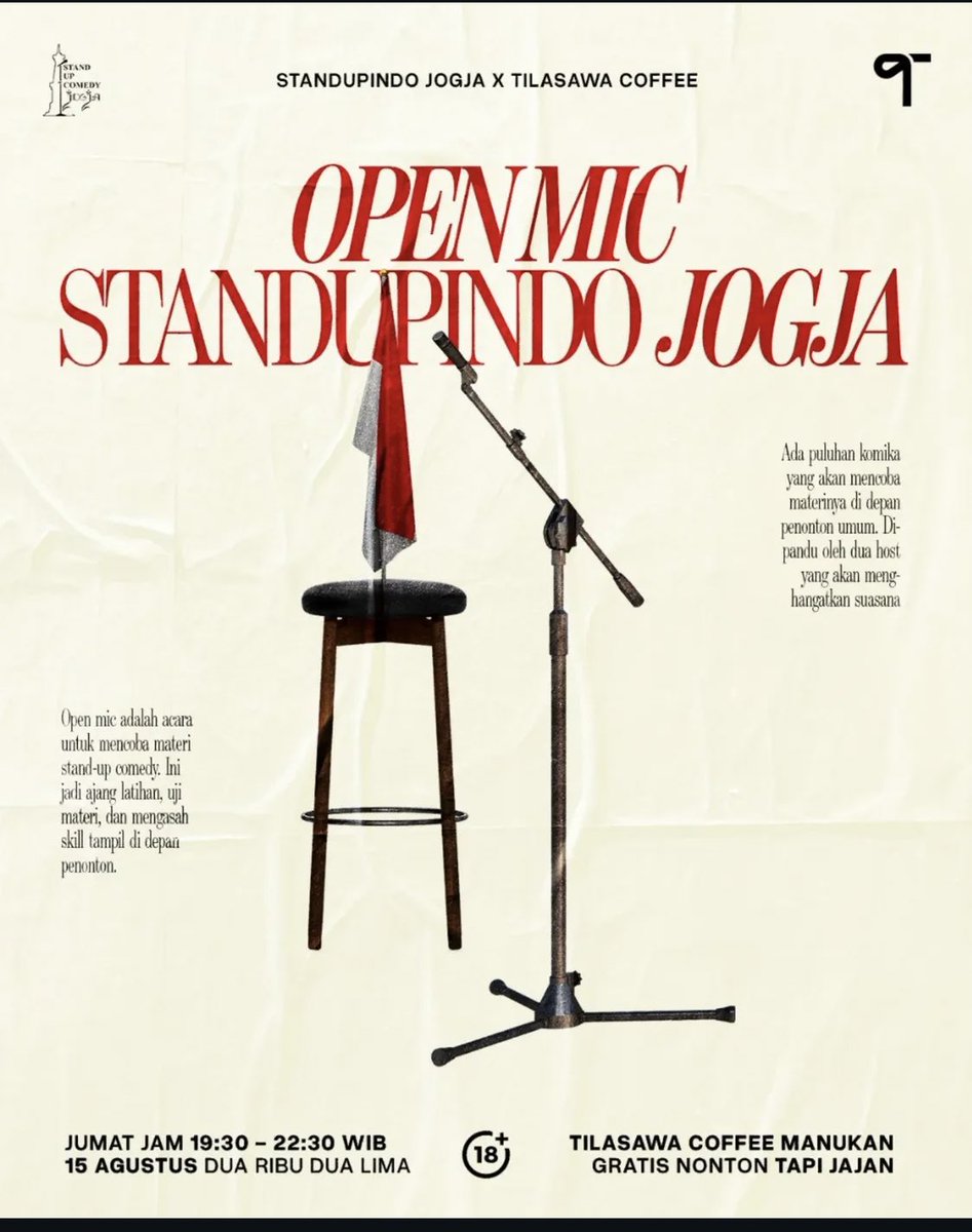 Yuk datang dan ramaikan openmic standupindojgj malam ini

Gratis ❤️❤️❤️
Ada puluhan komika yang akan mencoba materinya 🥰
#standupindojgj
