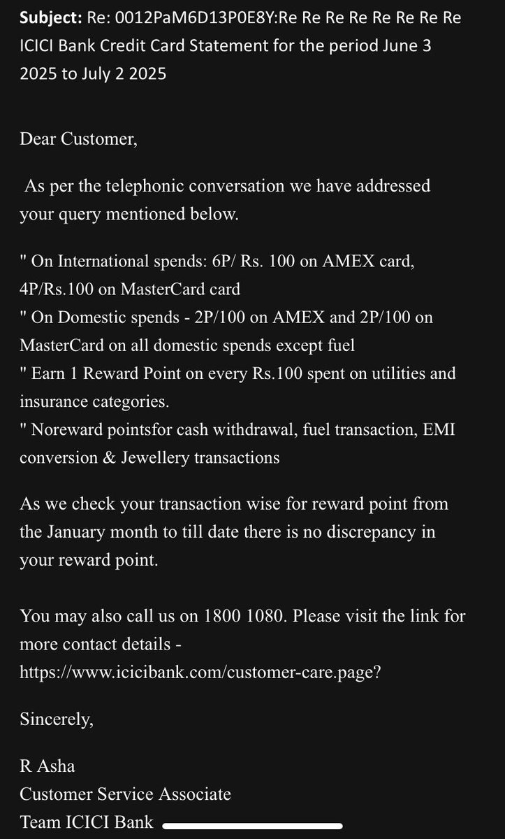 MayurAmrutkar's tweet photo. @ICICIBank_Care @ICICIBank Reward point issue. Reference ID: 0012PaM6D13P0E8Y Waiting for a clear response on my cc reward points. Statements show 3779 points, but your system shows 3200. You mention “duplicate credits��� in June, but the math doesn’t add up. #CustomerExperience https://t.co/S5tmbyEQm2