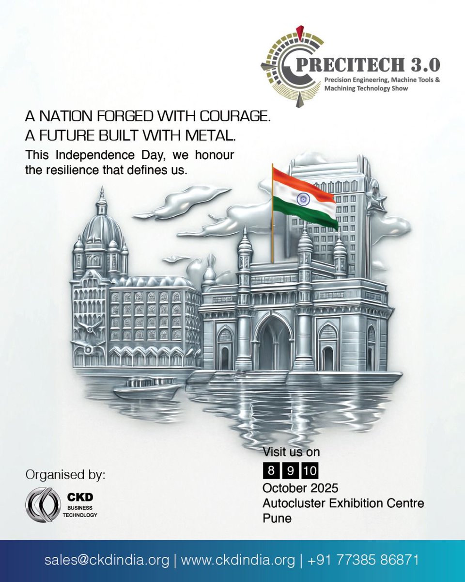 Forged with courage, shaped by innovation. 🇮🇳
This #IndependenceDay2025, we honour the resilience that fuels our nation and powers the future of engineering.

#IndiaAt78 #Precitech2025 #EngineeringExcellence #InnovationAndHeritage #MakeInIndia #PuneEvents #ProudlyIndian