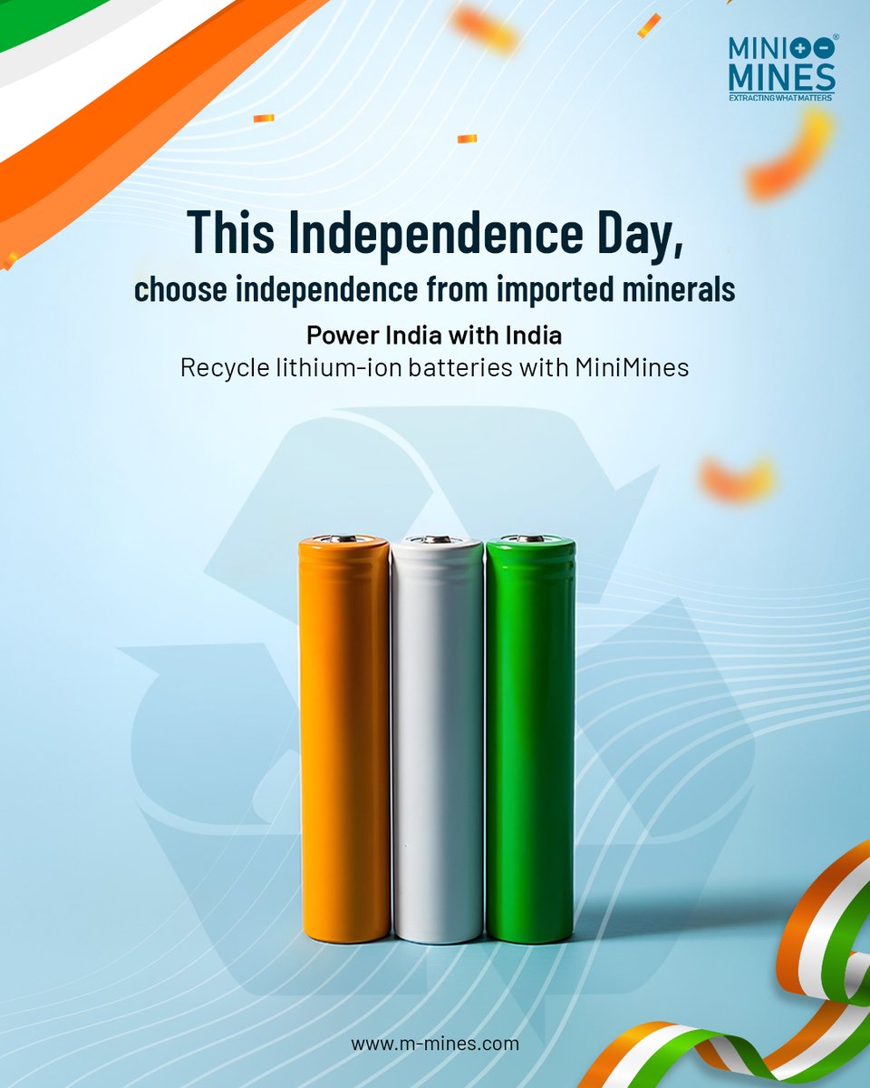 This Independence Day, choose to supply freedom. Recycle batteries to recover lithium, cobalt &amp; nickel with MiniMines’ eco-tech. Power India with India. 
.
.
#BatteryRecycling #Sustainability #EVRevolution #CircularEconomy #CleanEnergy #GreenTech #ZeroWaste #RecycleToRecharge