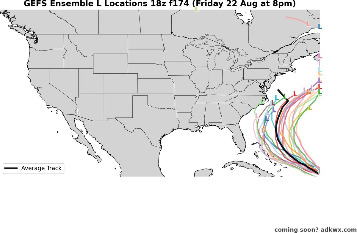 WeatherJacks's tweet photo. Tropical Storm Erin GEFS ensemble: early track agreement near the Bahamas, but increasing spread near the U.S. coast. Average path suggests a possible brush of the Carolinas. #TropicalStormErin #GEFS" https://t.co/7RZUTGVljX