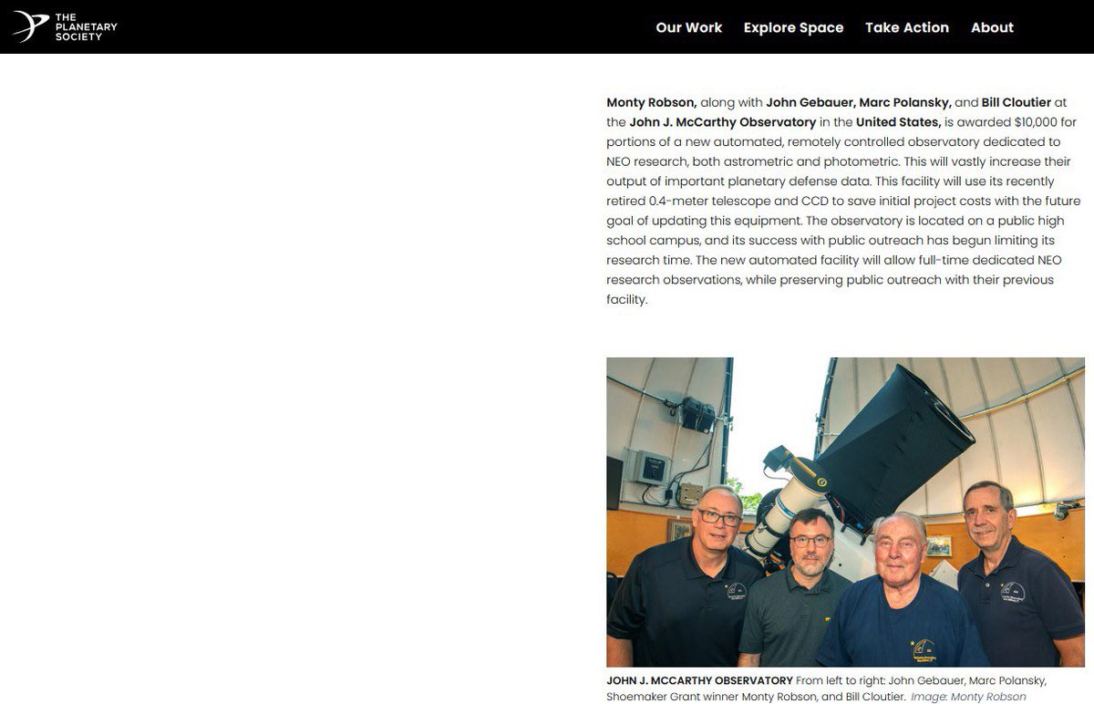 We are pleased to announce that the observatory is one of the winners of the Shoemaker Near-Earth Object (NEO) Grant program from the Planetary Society.  Read more here: planetary.org/articles/2025-…

This screenshot capture is from the Planetary Society website.