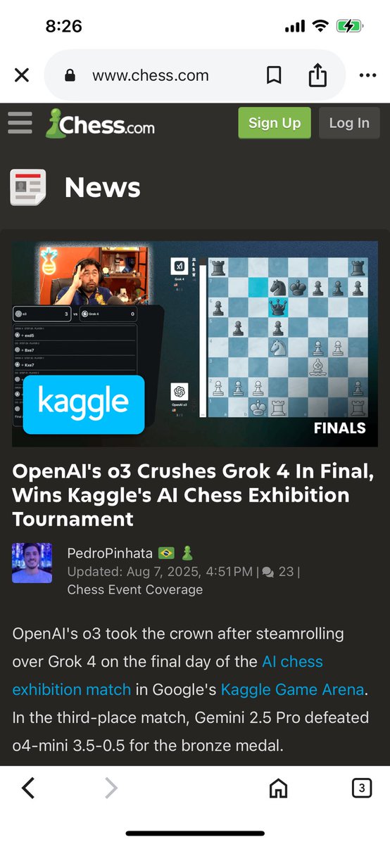 Josh13Kaufman1's tweet photo. @elonmusk Grok did lose in a #AIChess Tournament recently. Just saying. Gotta be truthful both ways. https://t.co/HsdYeJ59a4