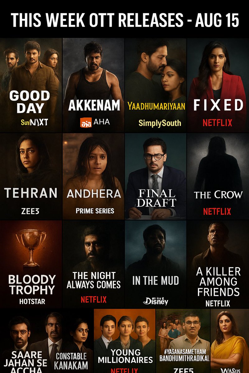SuryaYuva2tn's tweet photo. 🎬 This Week OTT Releases – Aug 15

Tamil (தமிழ்)
🍃 #GoodDay – Sun NXT
⚡ #Akkenam – Aha / Sun NXT
🎭 #Yaadhumariyaan – SimplySouth

English
💧 #Drop – Hotstar
🎯 #Fixed – Netflix
📜 #FinalDraft (Series + Japanese ver.) – Netflix
🍔 #SnackShack – Netflix
🦅 #TheCrow – LionsGatePlay
🏆 #BloodyTrophy (Docu) – Hotstar
🌙 #TheNightAlwaysComes – Netflix
🎵 #SongsFromTheHole (Docu) – Netflix
🔍 #AKillerAmongFriends (Series) – Disney+

Credit @Chrissuccess
