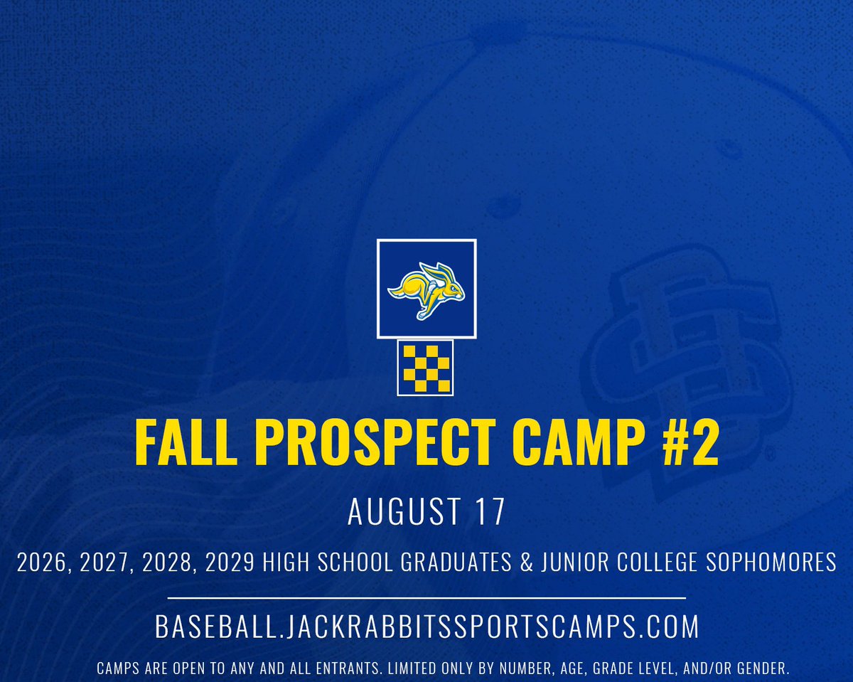 Last call for camp on Sunday! Registration closes tomorrow night! 

🗓️ Sunday, August 17
🔗 baseball.jackrabbitsportscamps.com/fall-prospect-…

🕛 Noon - 8 PM

🐰 Grades 9-12 &amp; Junior College Sophomores