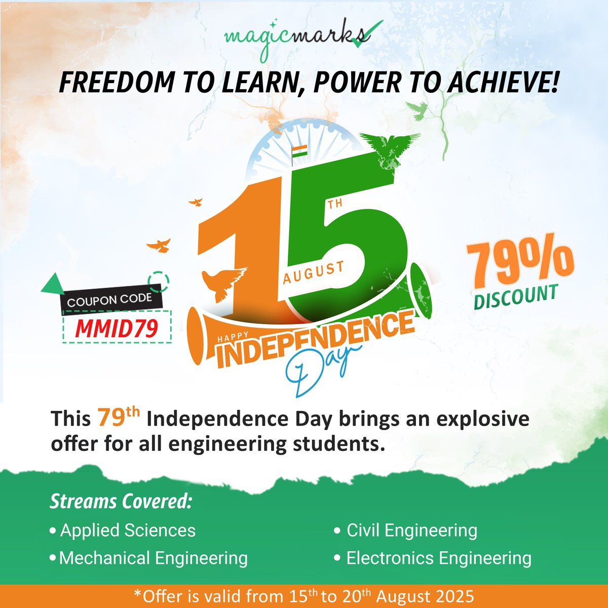 magicmrks's tweet image. 🎉 Freedom to Learn, Power to Achieve! 🇮🇳
79% OFF on all engineering courses! 🚀
📚 Applied Science | ⚙️ Mech | 🏗️ Civil | 🔌 Electronics
🗓️ 15–20 Aug | 💡 Code: MMID79
👉 magicmarks.in

@magicmrks 

#MagicMarks #79PercentOff #GATEPrep #EngineeringStudents #LearnSmarter
