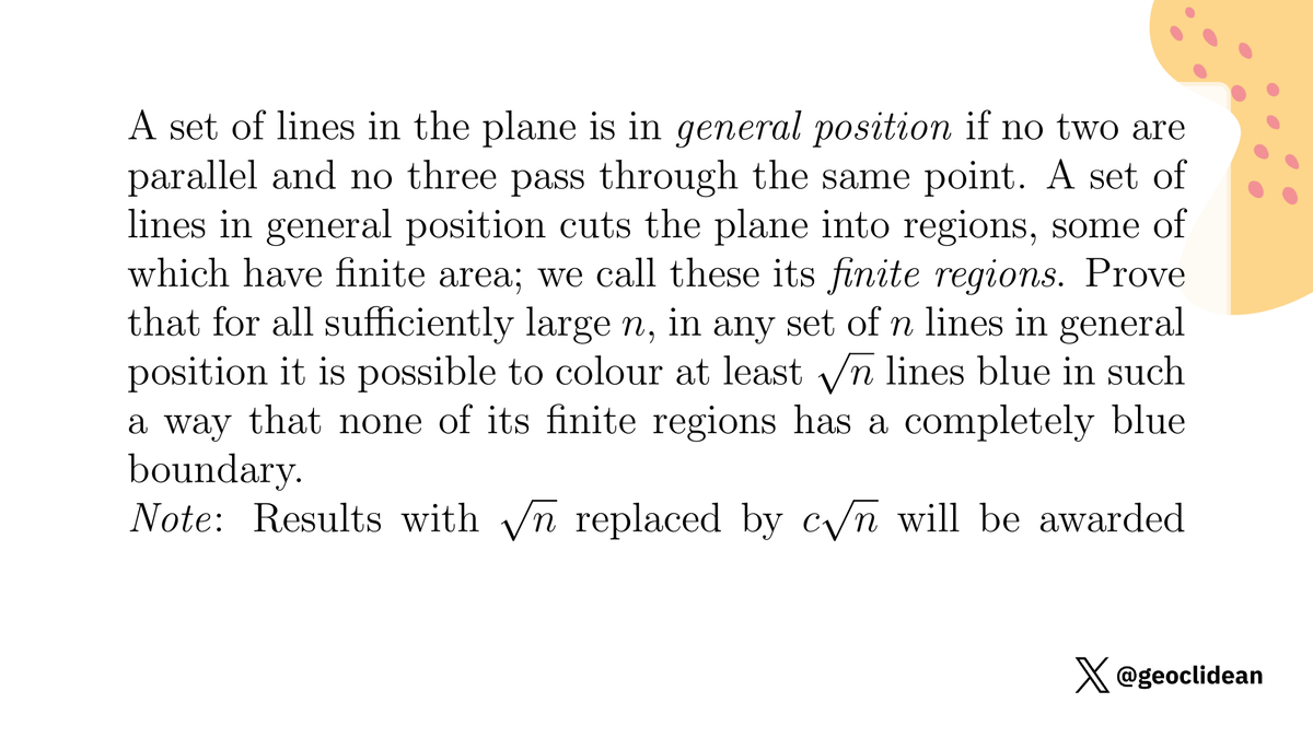 geoclidean's tweet photo. IMO 2014 Problem 6
#Probability #Combinatorics #IMO2014 #IMO #Geometry #IMOShortlist #GerhardWoeginger https://t.co/NxKAhJo5wk