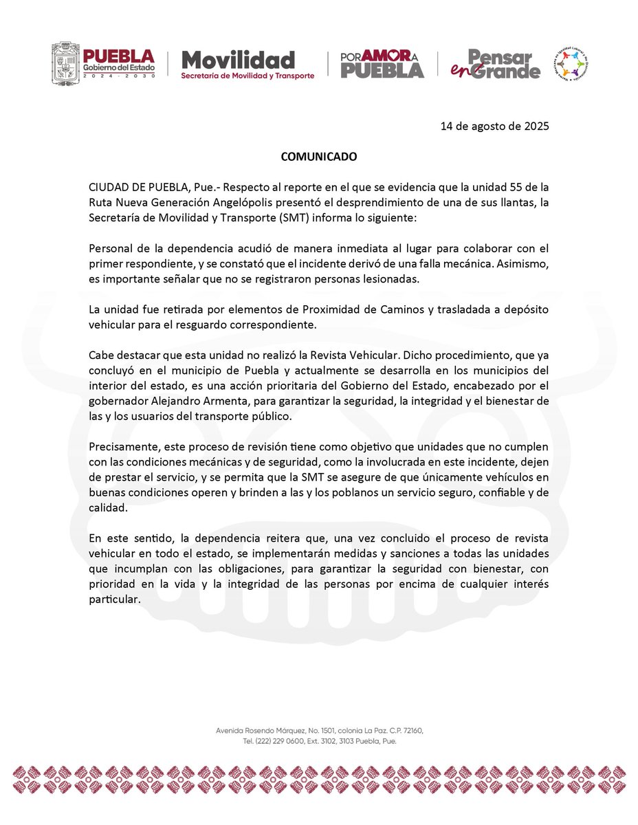 Este comunicado de <a href="/MTGobPue/">Secretaría de Movilidad y Transporte</a>  representa todo lo que está mal

Confiesan que no hicieron su chamba y que no la han hecho

Para empezar. Las unidades viejas ni si quiera aplican a revista

En cuanto una patrulla las vea, deben pararla, bajar a la gente y mandarla a chatarra