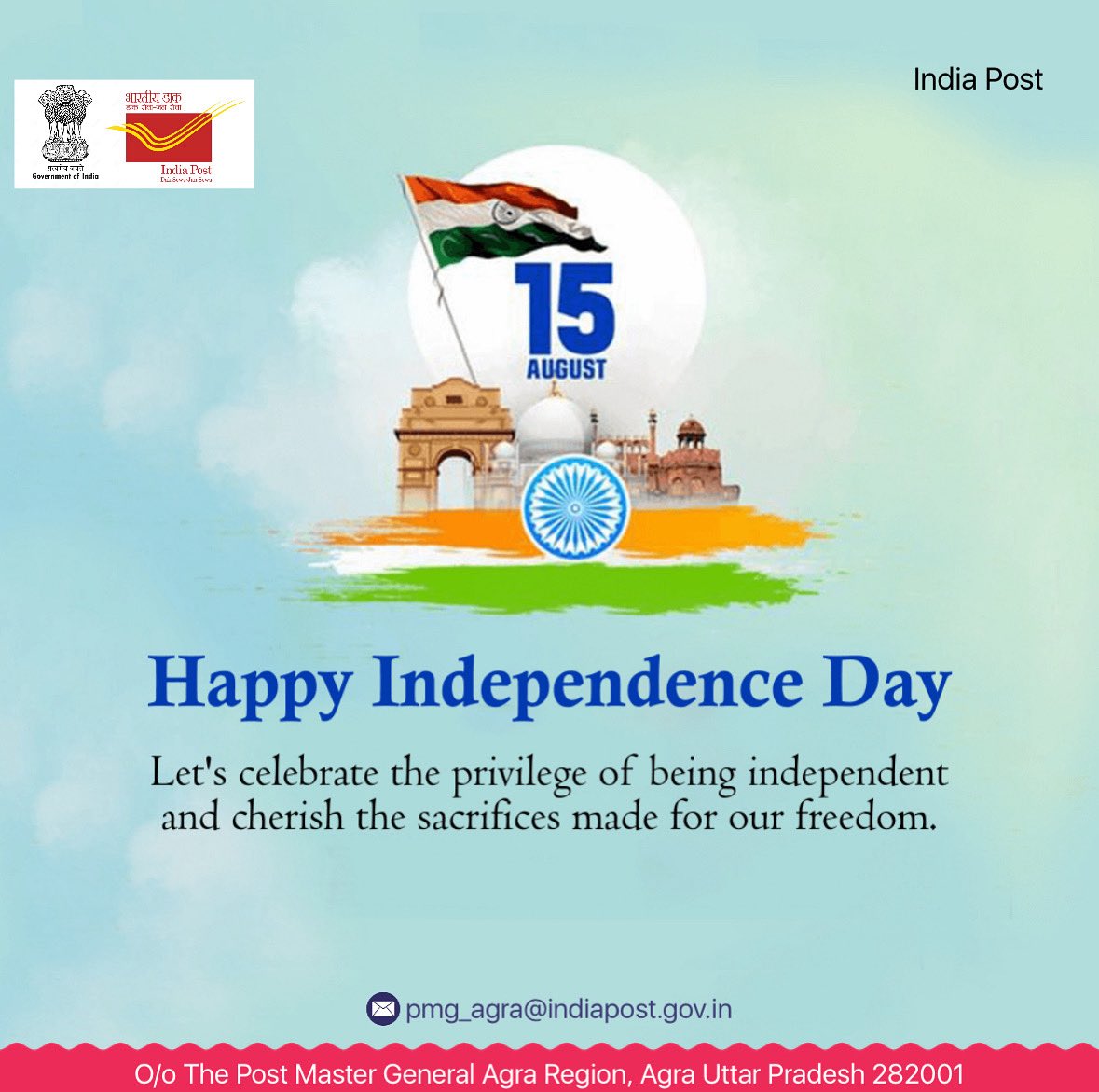 Agra Postal Region (@pmg_agra) on Twitter photo 🇮🇳 Freedom is not just a right, it’s a responsibility.
#IndependenceDay2025 #HarGharTiranga2025 #tirangawithindiapost #indiapost <a href="/IndiaPostOffice/">India Post</a> <a href="/JM_Scindia/">Jyotiraditya M. Scindia</a> <a href="/MoCTI_SL/">Ministry of Communication, Tech and Innovation</a> <a href="/mygovindia/">MyGovIndia</a> <a href="/mygovindia/">MyGovIndia</a> <a href="/DDNewslive/">DD News</a> <a href="/cpmgup/">Uttar Pradesh Postal Circle</a> 🇮🇳 Freedom is not just a right, it’s a responsibility.
#IndependenceDay2025 #HarGharTiranga2025 #tirangawithindiapost #indiapost <a href="/IndiaPostOffice/">India Post</a> <a href="/JM_Scindia/">Jyotiraditya M. Scindia</a> <a href="/MoCTI_SL/">Ministry of Communication, Tech and Innovation</a> <a href="/mygovindia/">MyGovIndia</a> <a href="/mygovindia/">MyGovIndia</a> <a href="/DDNewslive/">DD News</a> <a href="/cpmgup/">Uttar Pradesh Postal Circle</a>