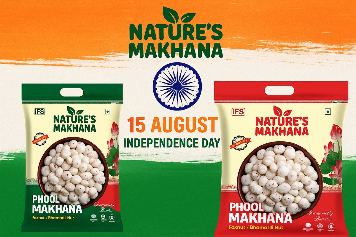 “Wishing everyone a very Happy #IndependenceDay 
On this proud occasion, the entire Nature’s #Makhana joins in celebrating the spirit of #freedom and unity. May our nation continue to prosper with peace, strength, and progress.” 🇮🇳✨