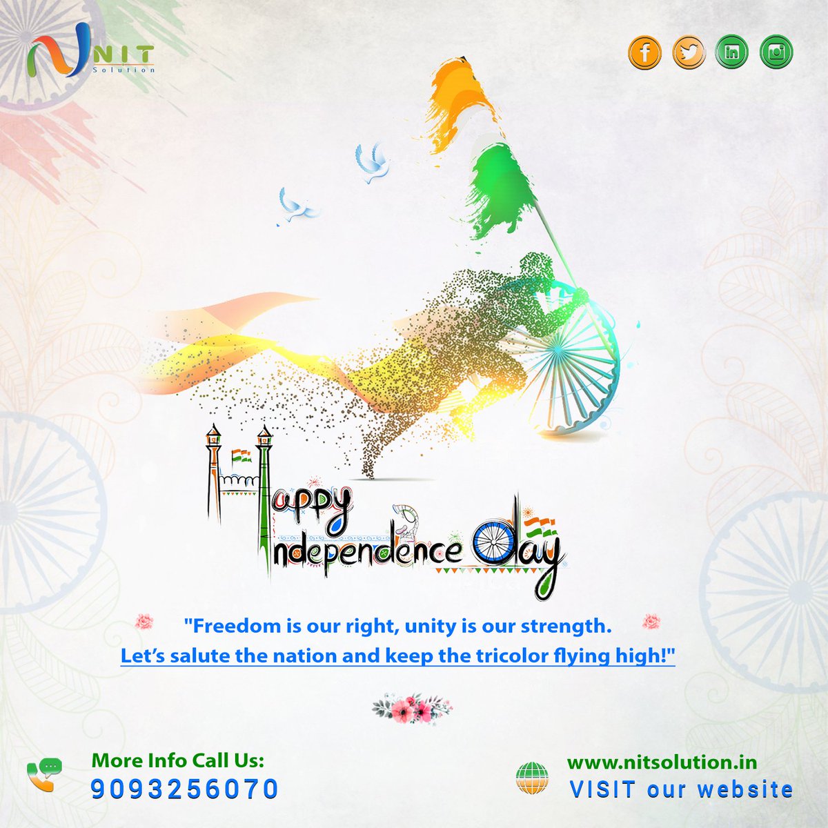 nit_solution's tweet image. 🇮🇳 Happy Independence Day 🇮🇳
Today, we celebrate the spirit of freedom, unity, and progress that defines our nation.
Let’s honor the sacrifices of our heroes and work together to build a brighter, stronger, and more innovative India.