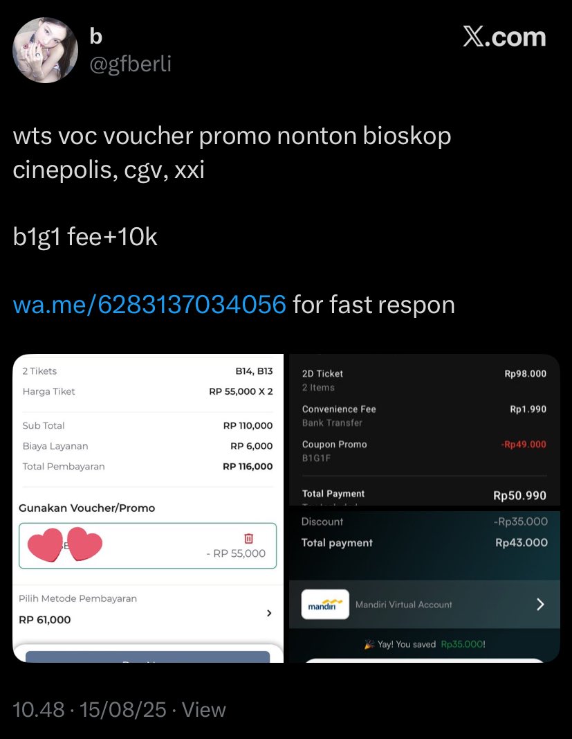 marijoki's tweet image. masi aja si anjing ngepost trs

wts wtb voucher promo nonton bioskop cinepolis,cgv, xxi

JANGAN MAU BELI SM SI GFBERLI INI YA PENIPU