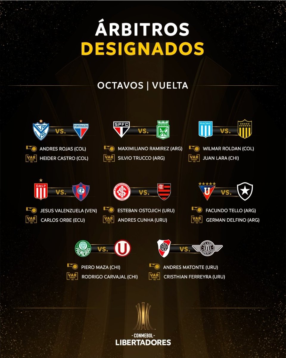 Se confirmó el rumor, el colombiano #WilmerRoldan será el árbitro de la revancha entre <a href="/OficialCAP/">PEÑAROL</a> y <a href="/RacingClub/">Racing Club</a> por los 8vos de final de la <a href="/Libertadores/">CONMEBOL Libertadores</a>, además el uruguayo #AndrésMatonte va al #MásMonumental para impartir justicia en <a href="/RiverPlate/">River Plate</a> vs. <a href="/Libertad_Guma/">Club Libertad</a> 🙈😬🙊