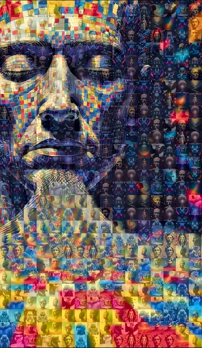 GoodV8besOnly's tweet photo. Consciousness in Fragments 

A visual journey: unique images come together to form a portrait that only reveals its true essence when zoomed in. Each fragment is a memory, a pixel of identity. Together, they create something greater than the sum of its parts. Created with AI, mosaic technique, and enhanced NFT art, and finished in 8K resolution for maximum personalization. Exclusive to the OpenSea AI Creator Contest. #AIart #NFT #OpenSea #CryptoArt #MosaicArt #NFTCommunity #AIcreativity #NFTdrop